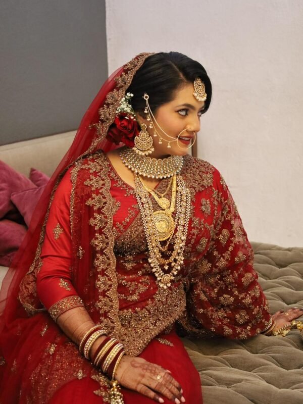 Deep Red Bridal Saree with Golden Embroidery and Shawl - BRD1297