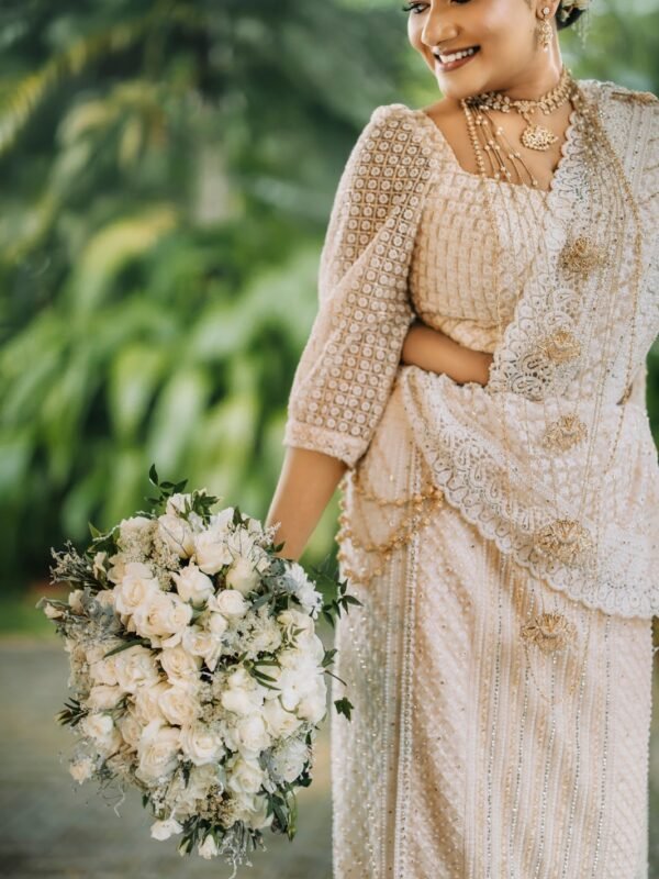 Golden Ivory Kandyan Bridal Saree with Lace and Bead Work - BRD1427