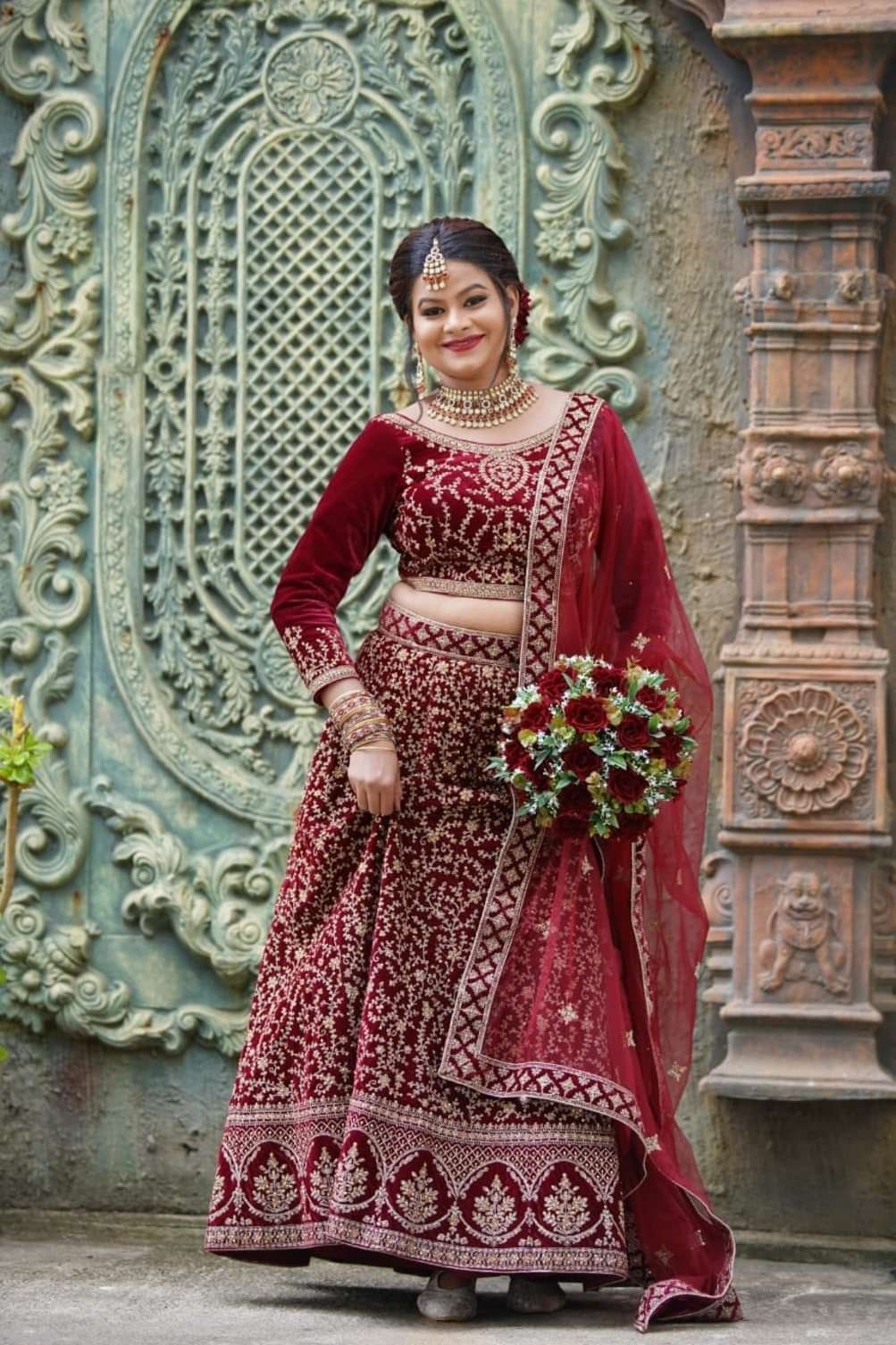 Deep Maroon Velvet Bridal Lehenga - BRD1456 - Image 2