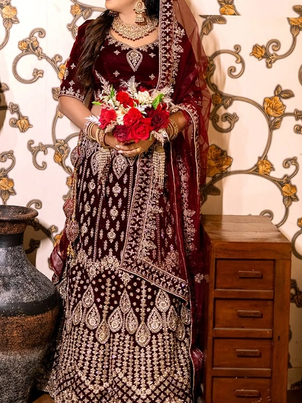Maroon Velvet Bridal Lehenga - Image 3
