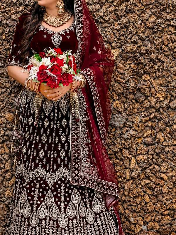 maroon velvet bridal lehenga