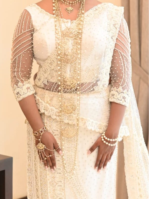 White Kandyan Bridal Saree with Sheer Sleeves - BRD1651